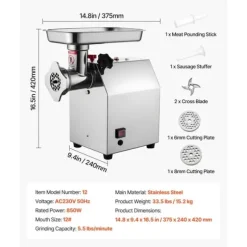 Köttkvarn, Hög Effekt Motor, Lätta att Rengöra Tillbehör,5.5lbs 12storlek
