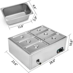 1,2KW 30-85°C justerbar 6-pannor elektrisk matvärmare med kran, stor kapacitet, snabb värmeöverföring