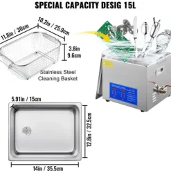 15L 60A Ultraschallsrengörare med värme 360W i rostfritt stål för glasögon, smycken, tandproteser, mynt osv. (15L)