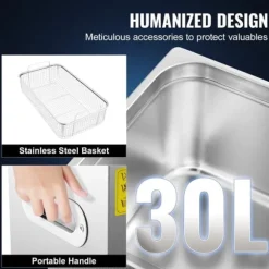 30L 100A Ultrasonisk rengöringsmaskin med värme 600W i rostfritt stål för glasögon, smycken, tandproteser, mynt m.m. (30L)