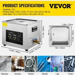 15L Digital Ultrasonic Rengöring, Värme, Timer, 600W, 40KHz, Rengöringsmaskin