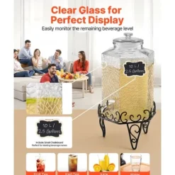 10L Dryckesdispenser, Festdryckesdispenser i Glas, Inklusive Stativ