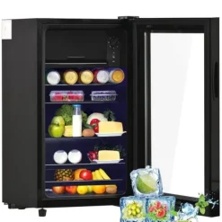 76L Mini-Kylskåp, 6L frys + 70L kyl, LED-ljus, För 51 burkar, Tyst drift, Kompressor, Justerbara hyllor