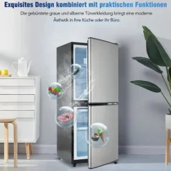 106L Mini-Kylskåp, 60L kyl + 46L frys, 7 temperaturer, Silverdörr, LED-ljus, Justerbara hyllor, 166 kWh/år