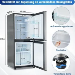 106L Mini-Kylskåp, 60L kyl + 46L frys, 7 temperaturer, Silverdörr, LED-ljus, Justerbara hyllor, 166 kWh/år