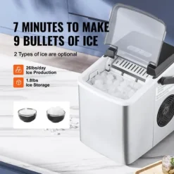 26lbs/dag 105W bärbar ismaskin, justerbar isbitsstorlek, snabb istillverkning, utmärkt isoleringsteknik, självrengörande, lågt ljud