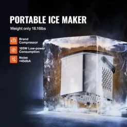 26lbs/dag 105W bärbar ismaskin, justerbar isbitsstorlek, snabb istillverkning, utmärkt isoleringsteknik, självrengörande, lågt ljud