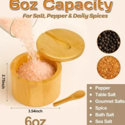 Magnetisk kryddlåda för matbordet - förvaringslösning gjord av bambu, roterande lock och sked - håller innehållet torrt