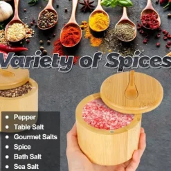 Magnetisk kryddlåda för matbordet - förvaringslösning gjord av bambu, roterande lock och sked - håller innehållet torrt