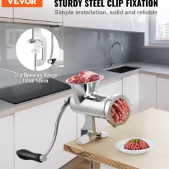 Manuell köttkvarn, rostfritt stål konstruktion, säker bordklämma, mångsidig bearbetning.