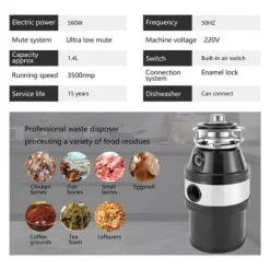 Matavfallskvarn, köksmodell, 560 W ren kopparmotor, stor kapacitet, stötdämpande