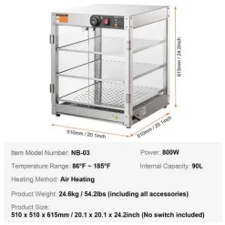 Matvarmhållare, 3-nivåer 90L, 51x51x61,5 cm, Rostfritt stål