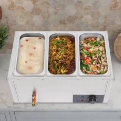 Matvärmare - Bain-marie vattenbad - 3 x 7 l behållare - Rostfritt stål - Buffé servering - Silver