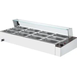 Matvärmare, 12-facks elektriskt ångbord med glastäcke, 144,1x61x38,2 cm, silver, rostfritt stål