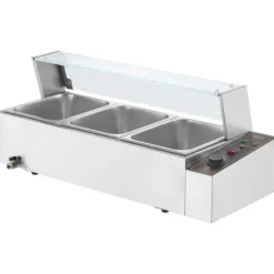 Matvärmare, 3-facks elektriskt ångbord med glaslock, 93x40,6x38,2 cm, Silver, Rostfritt stål