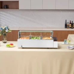 Matvärmare, 3-facks elektriskt ångbord med glaslock, 93x40,6x38,2 cm, Silver, Rostfritt stål