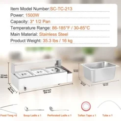 Matvärmare, 3-facks elektriskt ångbord med glaslock, 93x40,6x38,2 cm, Silver, Rostfritt stål