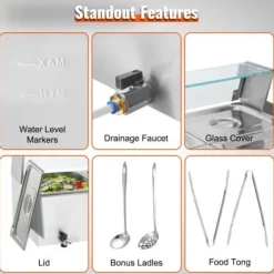 Matvärmare, 3-facks elektriskt ångbord med glaslock, 93x40,6x38,2 cm, Silver, Rostfritt stål