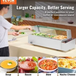 Matvärmare, 3-facks elektriskt ångbord med glaslock, 93x40,6x38,2 cm, Silver, Rostfritt stål