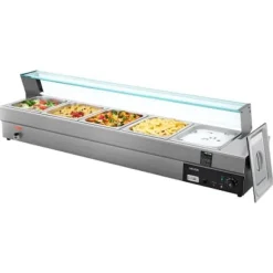 Matvärmare, 5-facks elektriskt ångbord med glaslock, 146,4x37,8x38,1 cm, rostfritt stål