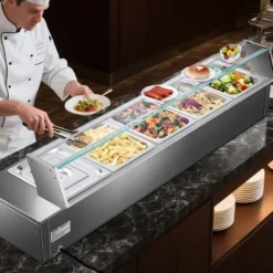 Matvärmare, 5-facks elektriskt ångbord med glaslock, 146,4x37,8x38,1 cm, rostfritt stål