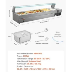 Matvärmare, 5-facks elektriskt ångbord med glaslock, 146,4x37,8x38,1 cm, rostfritt stål