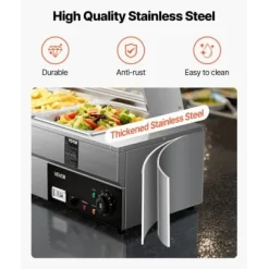 Matvärmare, 5-facks elektriskt ångbord med glaslock, 146,4x37,8x38,1 cm, rostfritt stål