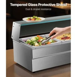 Matvärmare, 5-facks elektriskt ångbord med glaslock, 146,4x37,8x38,1 cm, rostfritt stål