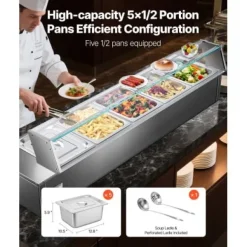 Matvärmare, 5-facks elektriskt ångbord med glaslock, 146,4x37,8x38,1 cm, rostfritt stål