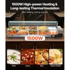 Matvärmare, 5-facks elektriskt ångbord med glaslock, 146,4x37,8x38,1 cm, rostfritt stål