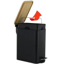 Miljövänlig svart bambu & stål pedalpapperskorg - 5L, stilfull & hållbar badrumspapperskorg