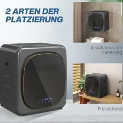 Mini torktumlare 2.5 kg med 6 program, LED-pekskärm, 800W, fristående eller väggmonterad, överhettningsskydd, grå