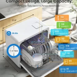 Minidiskmaskin, minidiskmaskin med touchkontroll, 9 program, portabel bordsdiskmaskin, 5,2 liters vattentank, kan användas med/utan vattenanslutning | CDON