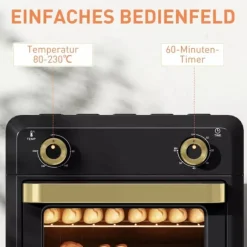 Miniugn med varmluft 10L, Airfryer, Timer, Invändig belysning, Svart/Guld, Rostfritt stål