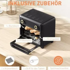 Miniugn med varmluft 10L, Airfryer, Timer, Invändig belysning, Svart/Guld, Rostfritt stål
