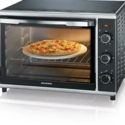 Miniugn SEVERIN TO2058 roterande värme 42 L, pizzasten och spett, 1800 W bänkugn, 120 min timer, Svart/Rostfritt stål