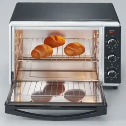 Miniugn SEVERIN TO2058 roterande värme 42 L, pizzasten och spett, 1800 W bänkugn, 120 min timer, Svart/Rostfritt stål