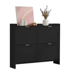 Modern skoskåp med 4 fällbara fack, fristående skohylla med öppna hyllor, för hall eller entré, svart 110×90×24 cm