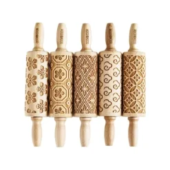 MoodForWood Träkavel 25 cm med handtag, set om 5, graverad, perfekt för bakning - Kimonomönster