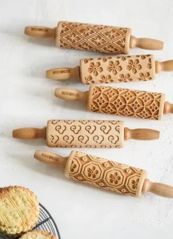 MoodForWood Träkavel 25 cm med handtag, set om 5, graverad, perfekt för bakning - Kimonomönster