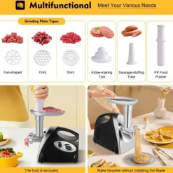 Multifunktionell köttkvarn, elektrisk 800 W, 220 V EU-plugg, svart, korvstoppare & nudeltillsats