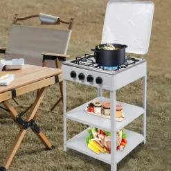 Nödspis - Utomhus gaskök med 4 brännare - Förvaringshylla - Naturgas/Gasol - 49×49×79 cm - Järn - 9 kg - Röd