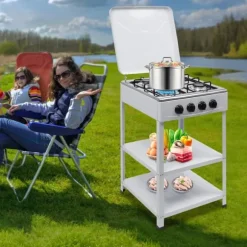 Nödspis - Utomhus gaskök med 4 brännare - Förvaringshylla - Naturgas/Gasol - 49×49×79 cm - Järn - 9 kg - Röd