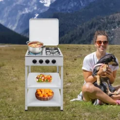 Nödspis - Utomhus gaskök med 4 brännare - Förvaringshylla - Naturgas/Gasol - 49×49×79 cm - Järn - 9 kg - Röd