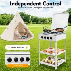 Nödspis - Utomhus gaskök med 4 brännare - Förvaringshylla - Naturgas/Gasol - 49×49×79 cm - Järn - 9 kg - Röd