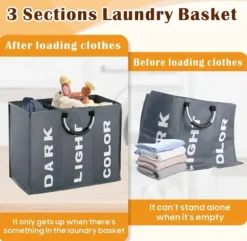 OBOSOE Hopfällbar Tvättkorg i Tyg med 3 Fack – Tvättsorterare & Förvaringskorg för Kläder och Leksaker