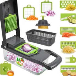 OBOSOE 14-i-1 Grönsakshackare med Behållare – Kompakt Allt-i-ett Matberedare för Hackning, Skivning och Tärning