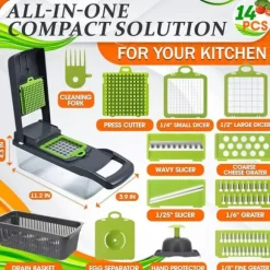 OBOSOE 14-i-1 Grönsakshackare med Behållare – Kompakt Allt-i-ett Matberedare för Hackning, Skivning och Tärning