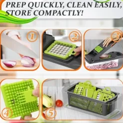 OBOSOE 14-i-1 Grönsakshackare med Behållare – Kompakt Allt-i-ett Matberedare för Hackning, Skivning och Tärning