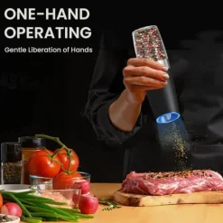 OBOSOE 2-Pack Elektrisk Salt- och Pepparkvarn med LED-ljus – Batteridriven Automatisk Kryddkvarn med Justerbar Grovlek